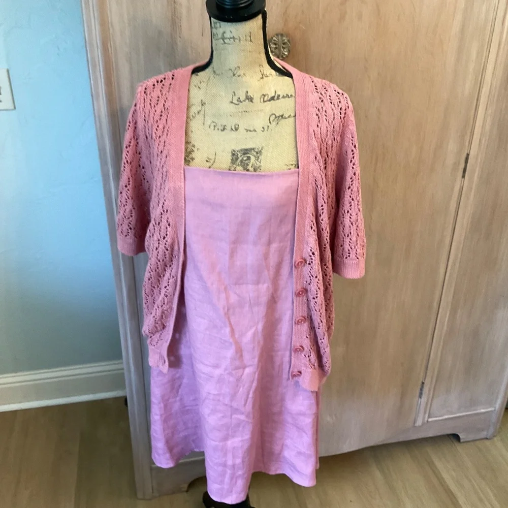 Reformation Linen 2pc Set  Aubree Dress @ Cardi Mini matching crochet cardigan L